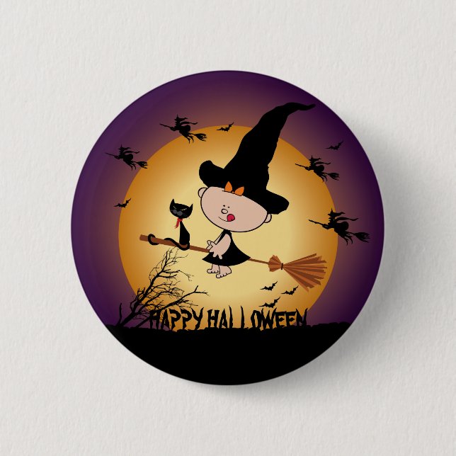 Halloween Hexe auf Broomstick Button (Vorderseite)