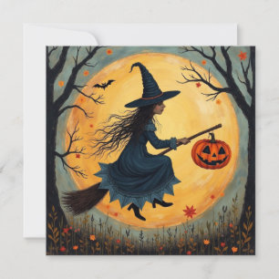 Halloween Hexe auf dem Broom und Vollmond Feiertagskarte