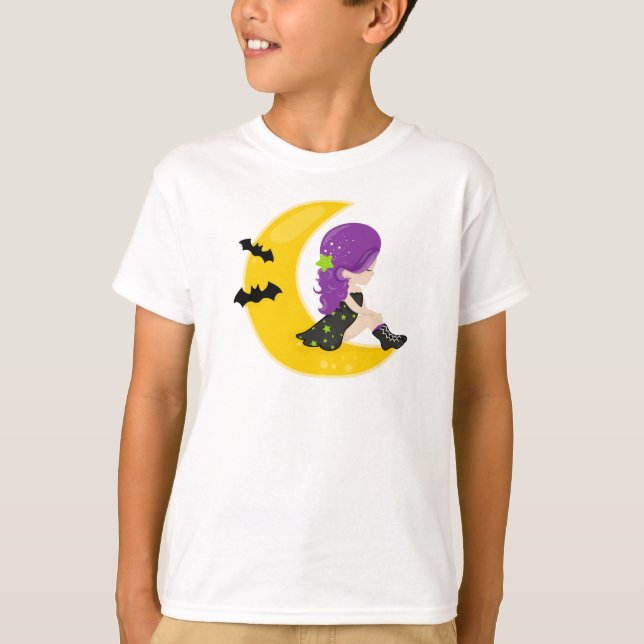 Halloween, Hexe auf dem Mond, Bat, Trick oder Tret T-Shirt (Vorderseite)