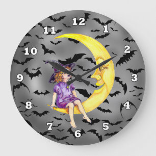Halloween Hexe auf der Monduhr Große Wanduhr