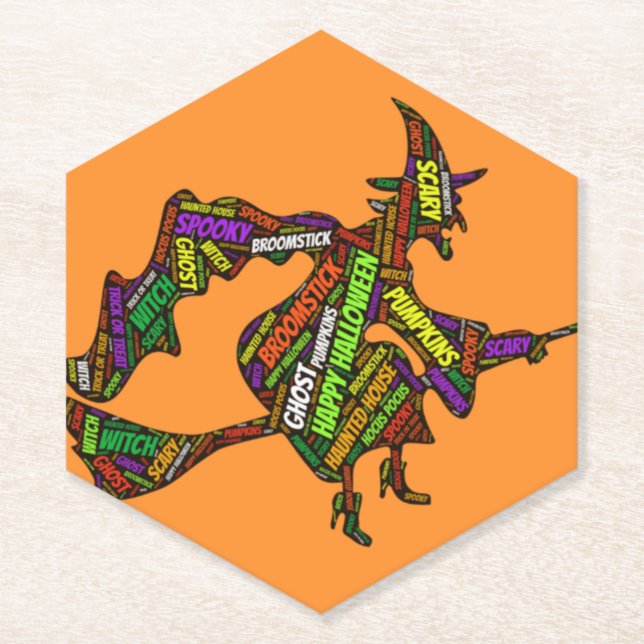 Halloween Hexe auf einer Broomstick-Orangentypogra Untersetzer (Vorderseite)