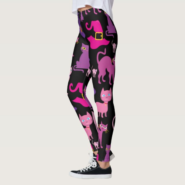 Halloween Hexe beängstigende Schwarzkatze lila dek Leggings (Links)