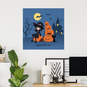 Halloween Hexe, Black Cat und Kürbiskins Poster