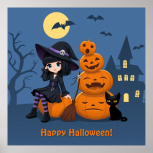 Halloween Hexe, Black Cat und Kürbiskins Poster