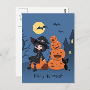 Halloween Hexe, Black Cat und Kürbiskins Postkarte