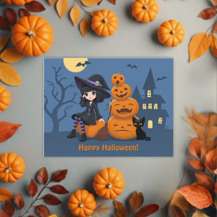 Halloween Hexe, Black Cat und Kürbiskins Postkarte