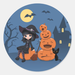 Halloween Hexe, Black Cat und Pumpkins auf Blau Runder Aufkleber