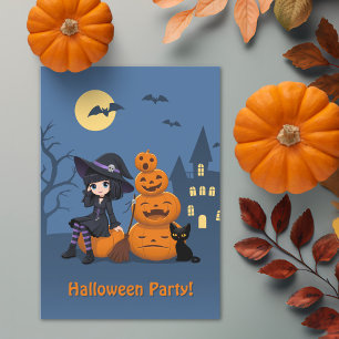 Halloween Hexe, Black Cat und Pumpkins Party Einladung