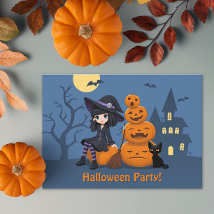Halloween Hexe, Black Cat und Pumpkins Party Einladung