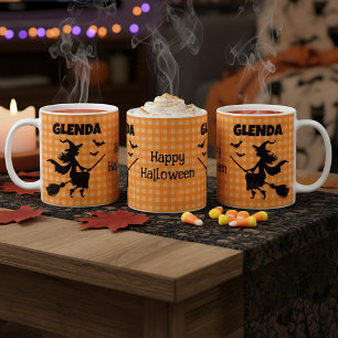 Halloween Hexe & Fledermäuse Orange Kariert Benutz Kaffeetasse