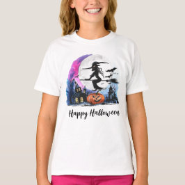 Halloween Hexe fliegt über Spuk Haus T-Shirt