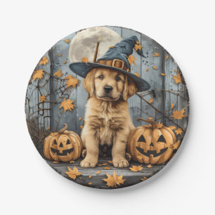 Halloween Hexe Golden Retriever Welpe Kürbisse Pappteller