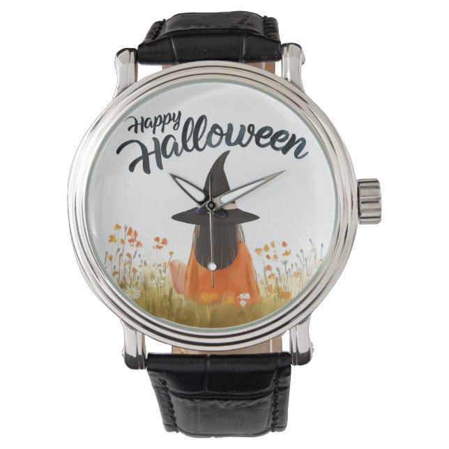 Halloween-Hexe im Blumenfeld Armbanduhr (Vorderseite)