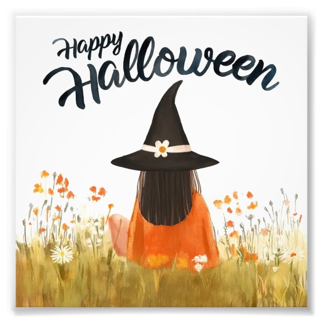 Halloween-Hexe im Blumenfeld Fotodruck (Vorne)