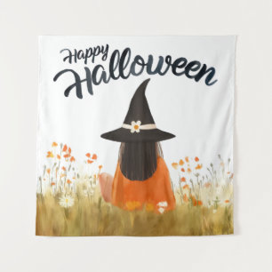 Halloween-Hexe im Blumenfeld Wandteppich