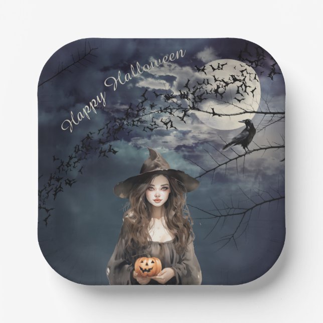 Halloween Hexe im Mondlicht Pappteller (Vorderseite)