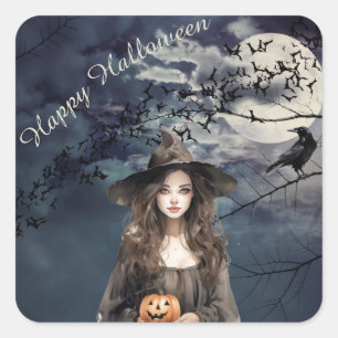 Halloween Hexe im Mondlicht Quadratischer Aufkleber