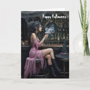 Halloween-Hexe in einem rosa Kleid Karte