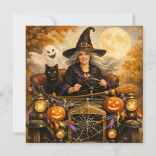 Halloween-Hexe in Oldtimer mit schwarzer Katze Feiertagskarte