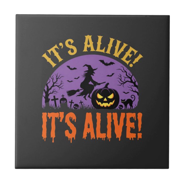 Halloween Hexe Jack O Kürbis Es lebt Fliese (Vorderseite)
