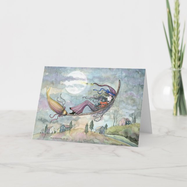 Halloween-Hexe-Katzen-Karte durch Molly Harrison Karte (Vorderseite)