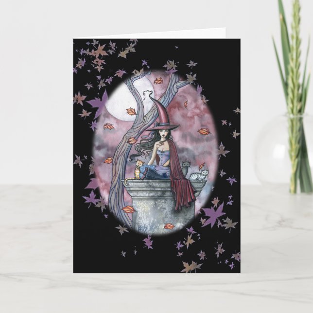 Halloween-Hexe-Katzen-Karten-Herbst-Blätter Karte (Vorderseite)