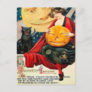 Halloween Hexe Kürbis schwarze Katze Vintage Postk Feiertagspostkarte