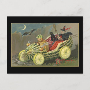 Halloween Hexe Melone Rennwagen Vintage Postkarte