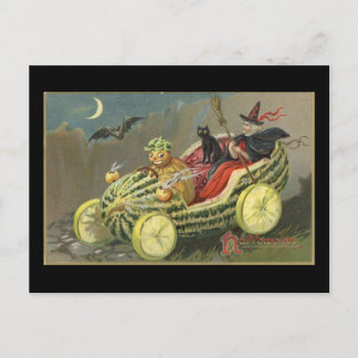 Halloween Hexe Melone Rennwagen Vintage Postkarte