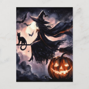 Halloween-Hexe mit Besen und Katze Postkarte