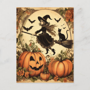 Halloween-Hexe mit Besen und Katze Postkarte