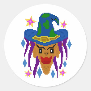 Halloween Hexe mit Broom - Pixel Art Runder Aufkleber