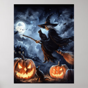 Halloween Hexe mit Broom und Katze Poster