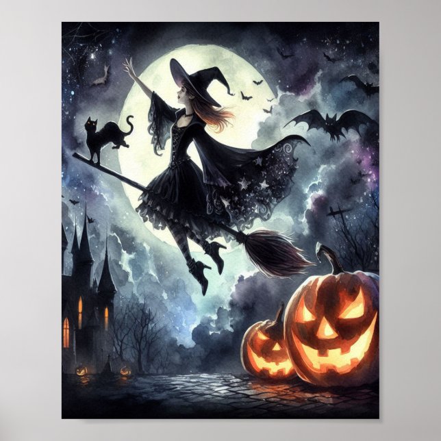 Halloween Hexe mit Broom und Katze Poster (Vorne)