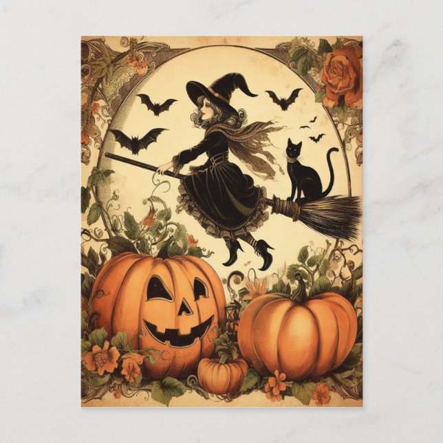 Halloween Hexe mit Broom und Katze Postkarte (Vorderseite)