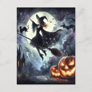 Halloween Hexe mit Broom und Katze Postkarte