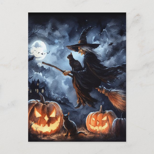 Halloween Hexe mit Broom und Katze Postkarte (Vorderseite)
