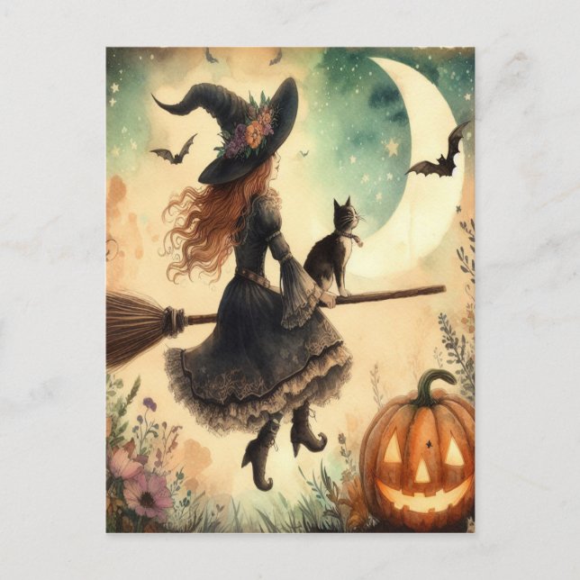 Halloween Hexe mit Broom und Katze Postkarte (Vorderseite)