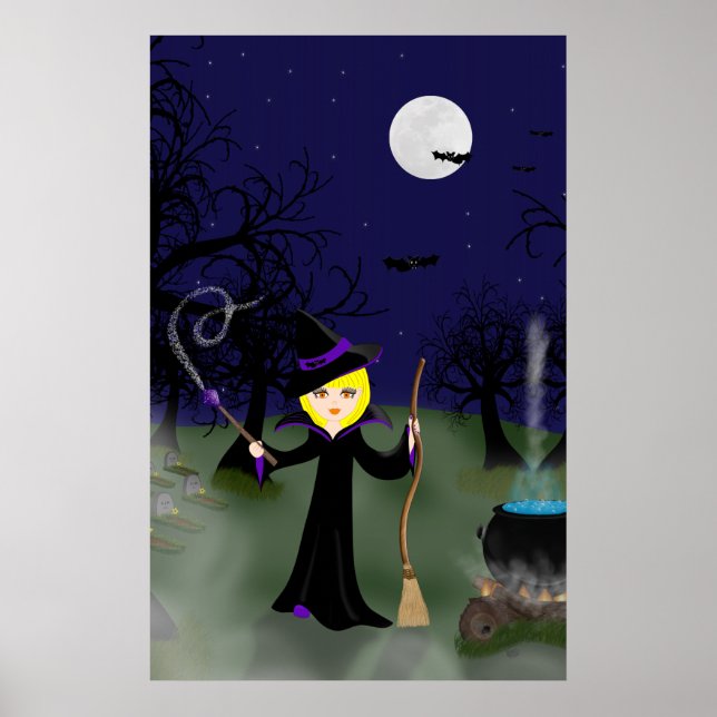 Halloween Hexe mit Cauldron Print Poster (Vorne)