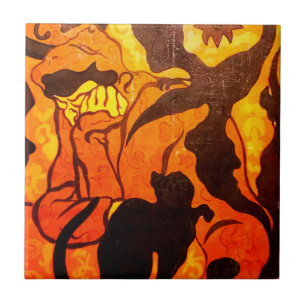 Halloween Hexe mit einer schwarzen Katze Fliese