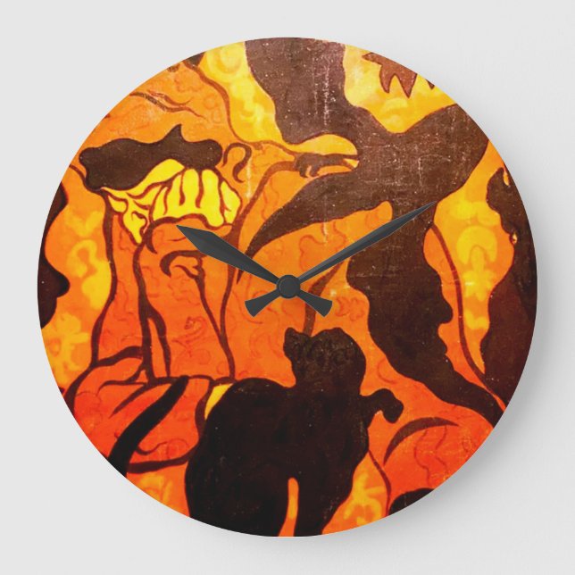 Halloween Hexe mit einer Schwarzen Katze Große Wanduhr (Vorderseite)