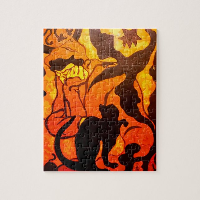 Halloween Hexe mit einer schwarzen Katze Puzzle (Vertikal)