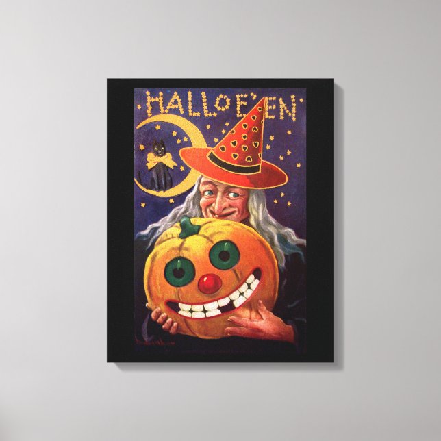 Halloween Hexe mit Funny Pumpkin Leinwanddruck (Vorderseite)