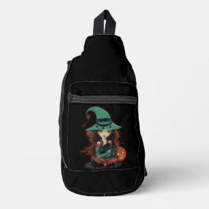 Halloween-Hexe mit großen Augen und schwarzer Katz Crossbody Bag
