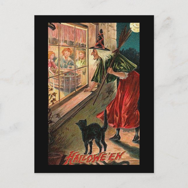 Halloween Hexe mit Katze Postkarte (Vorderseite)