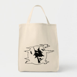Halloween-Hexe mit Katze und Fledermaus Tragetasche
