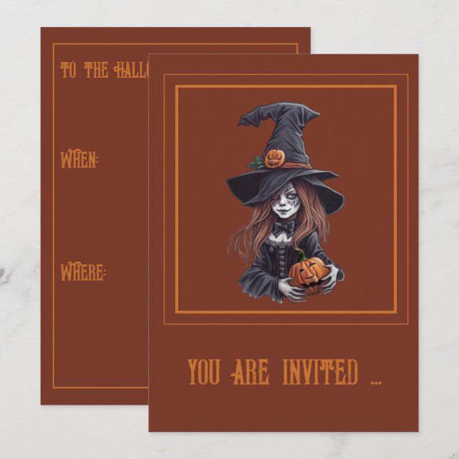 Halloween-Hexe mit Kürbis -  Einladung (Vorne/Hinten)