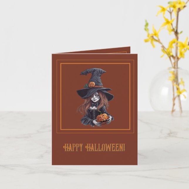 Halloween-Hexe mit Kürbis -  Karte (Gelbe Blume)