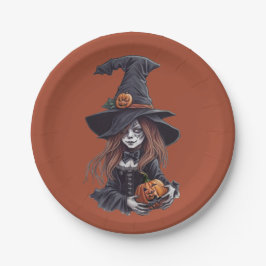 Halloween-Hexe mit Kürbis - Pappteller