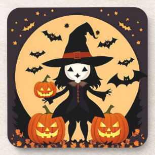 Halloween-Hexe mit Kürbissen Getränkeuntersetzer